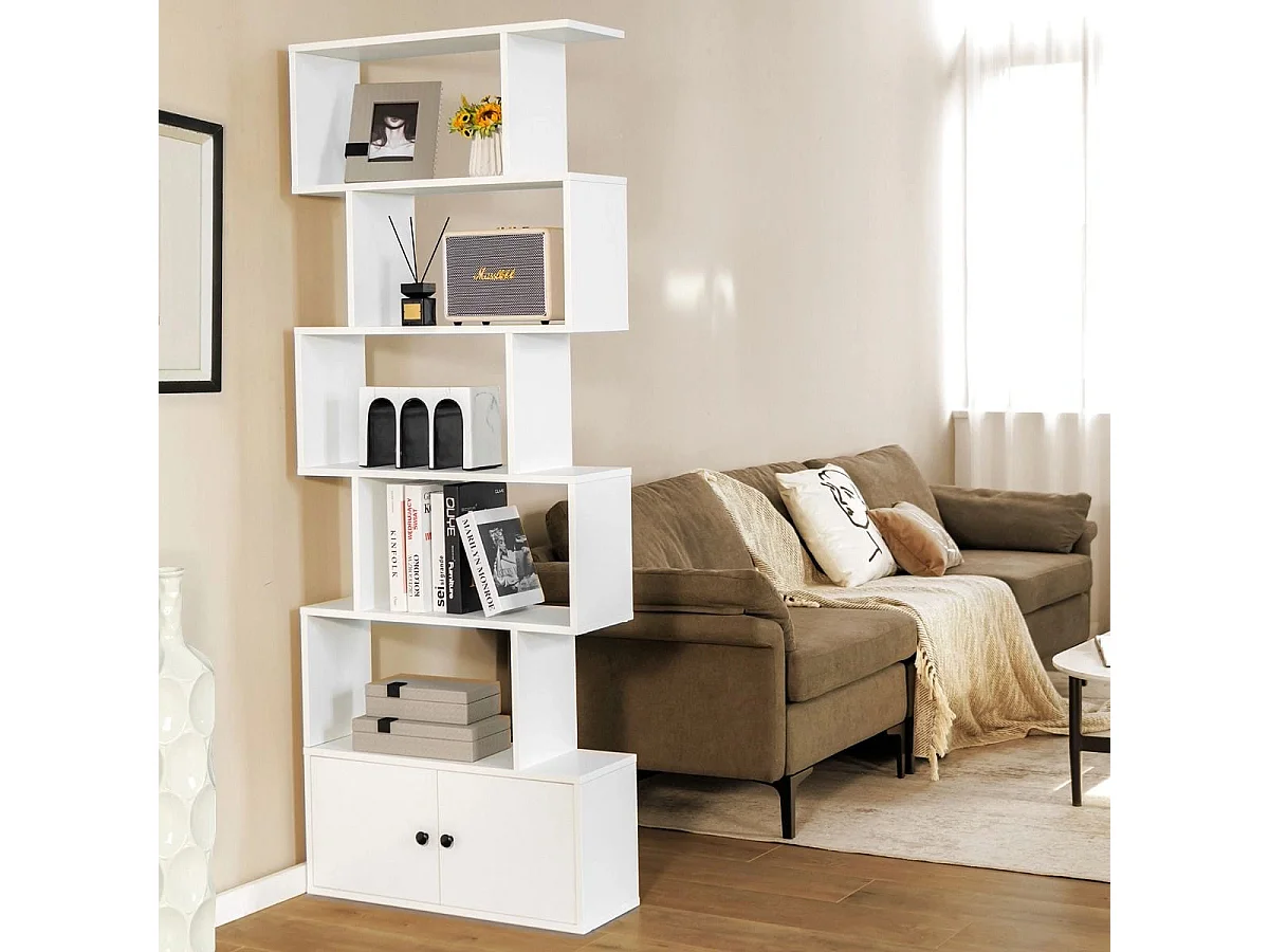 Libreria a forma di S a 5 livelli con ante, Scaffale decorativo in legno per il soggiorno l'ufficio Bianco