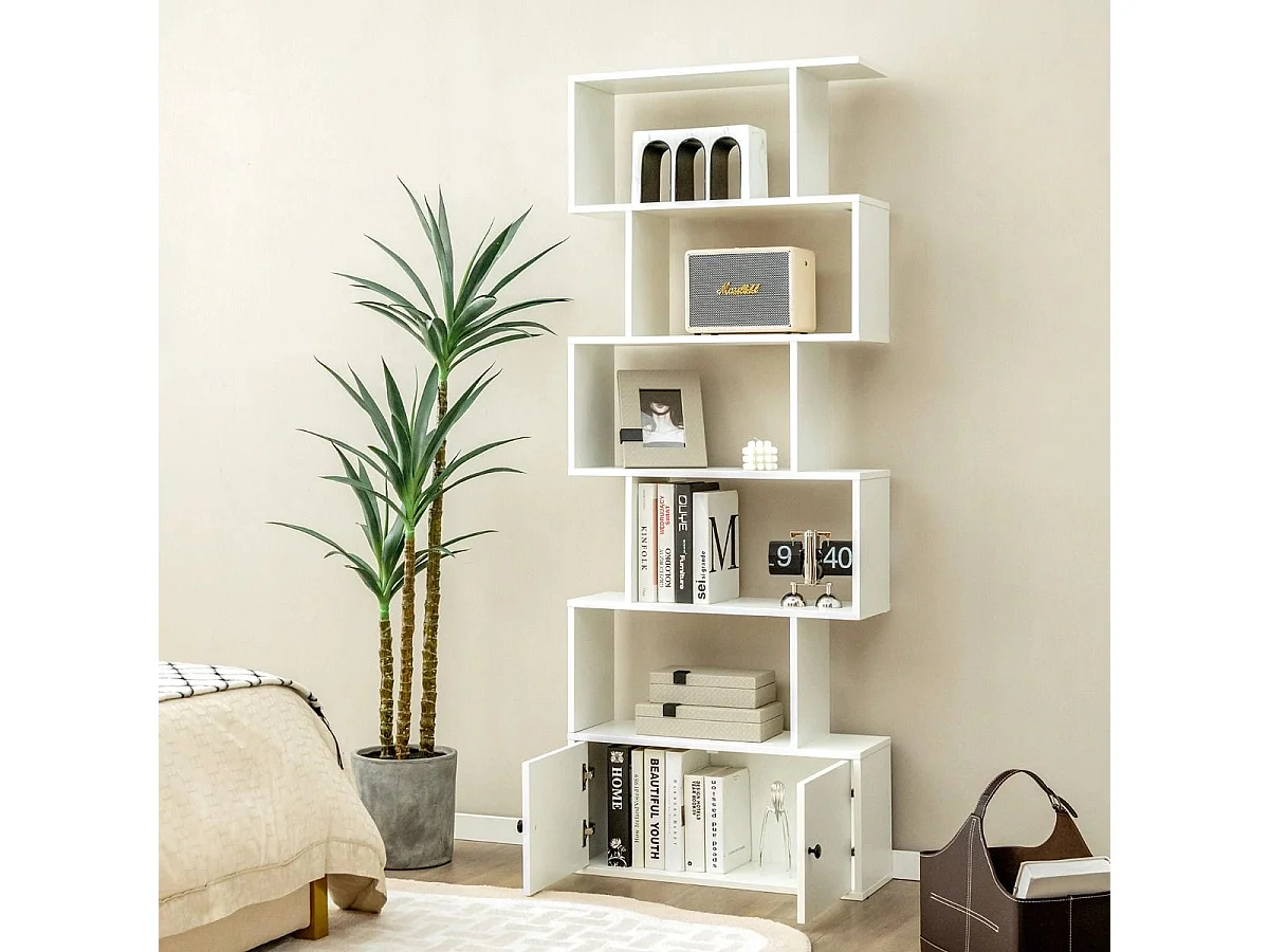 Libreria a forma di S a 5 livelli con ante, Scaffale decorativo in legno per il soggiorno l'ufficio Bianco