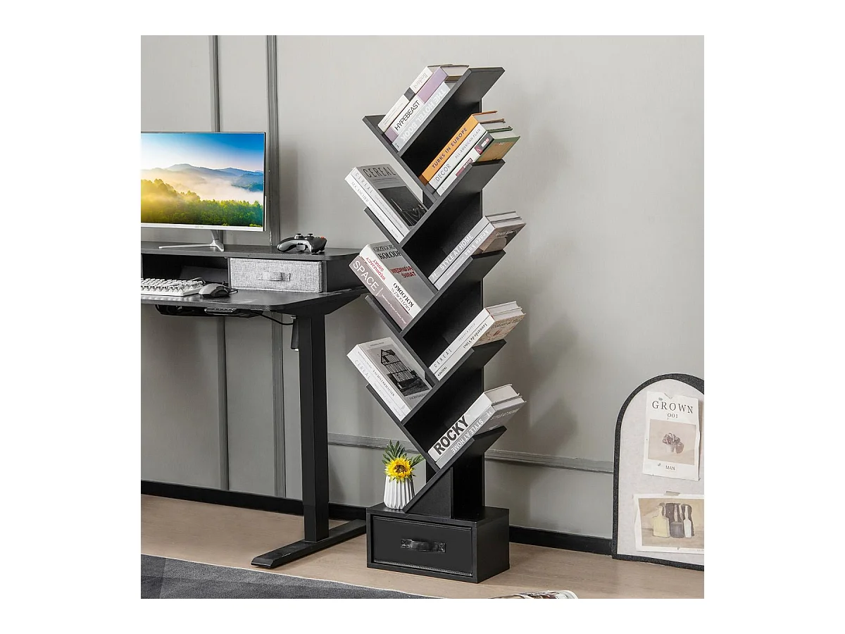 Étagère à 10 Niveaux avec Tiroir Étagère de Rangement au Sol pour CD DVD et Livres pour Chambre Salon et Bureau à Domicile Noir
