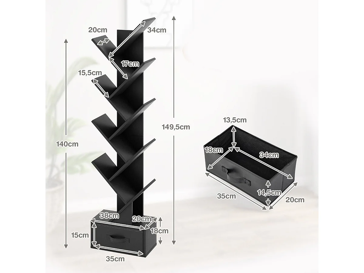 Scaffale ad albero a 10 ripiani con cassetto, Scaffale da terra per camera da letto soggiorno e ufficio Nero