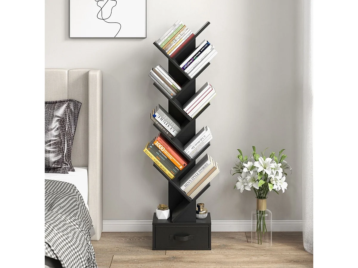 Scaffale ad albero a 10 ripiani con cassetto, Scaffale da terra per camera da letto soggiorno e ufficio Nero