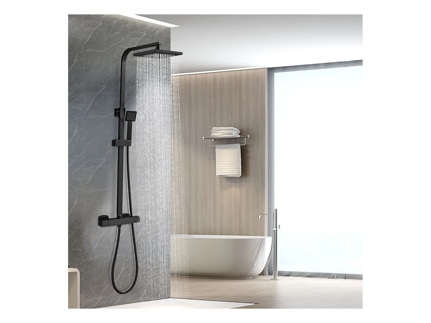 Colonne de Douche Thermostatique, Réglable en Hauteur, Noir