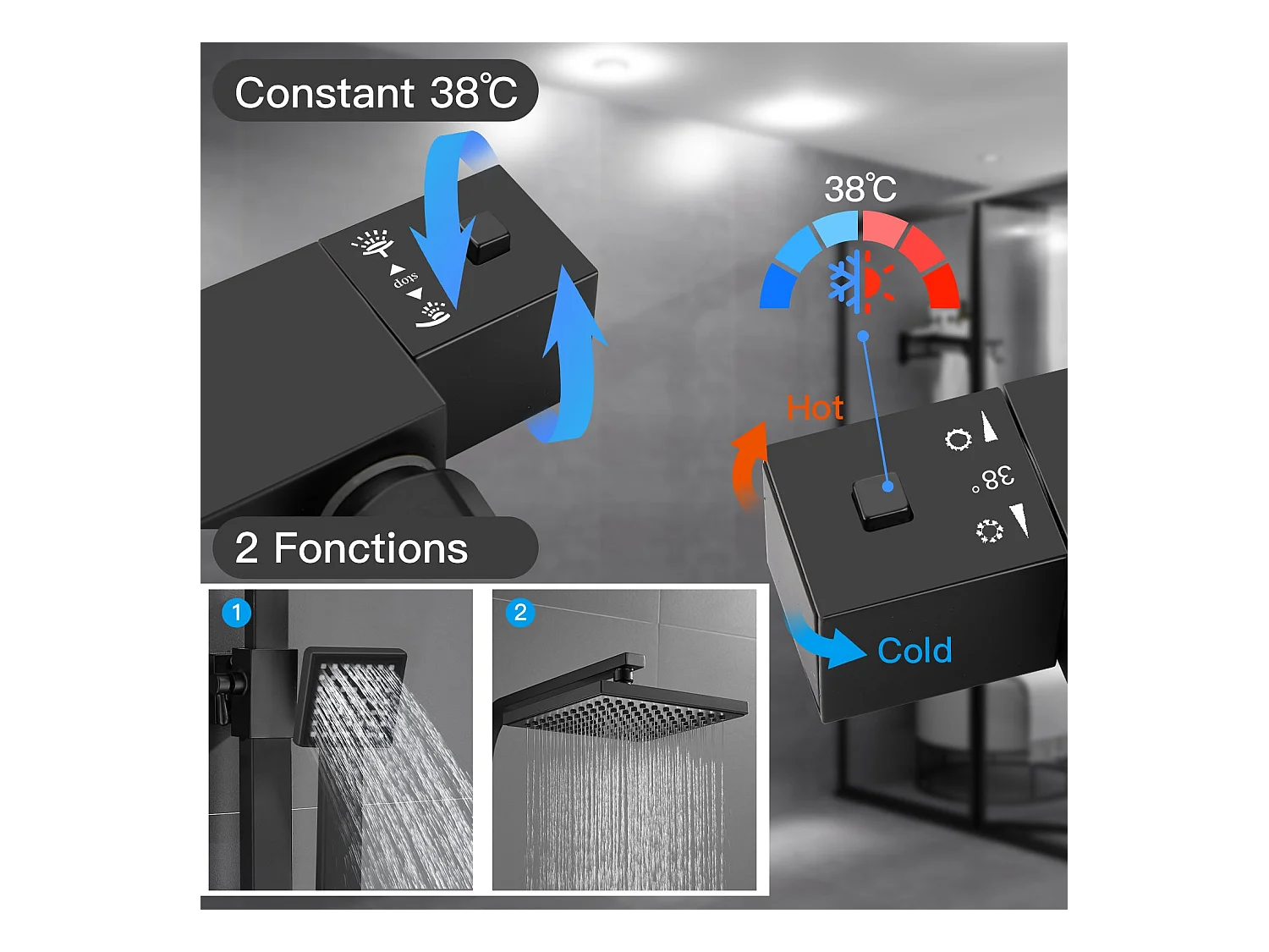 Colonne de Douche Thermostatique, Réglable en Hauteur, Noir