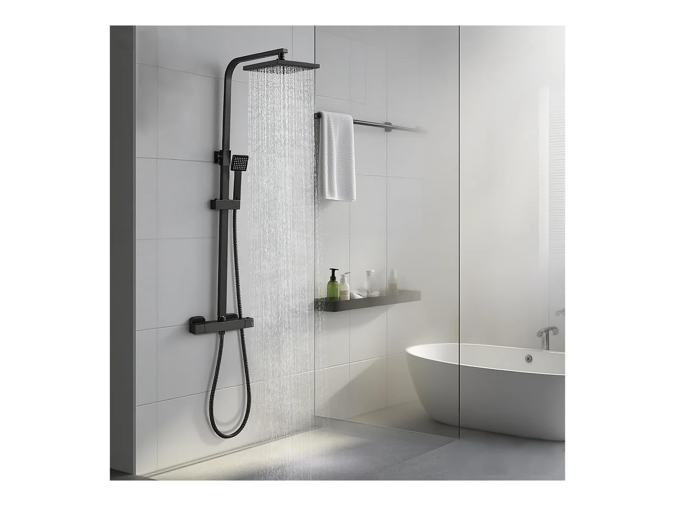 Colonne de Douche Thermostatique, Réglable en Hauteur, Noir