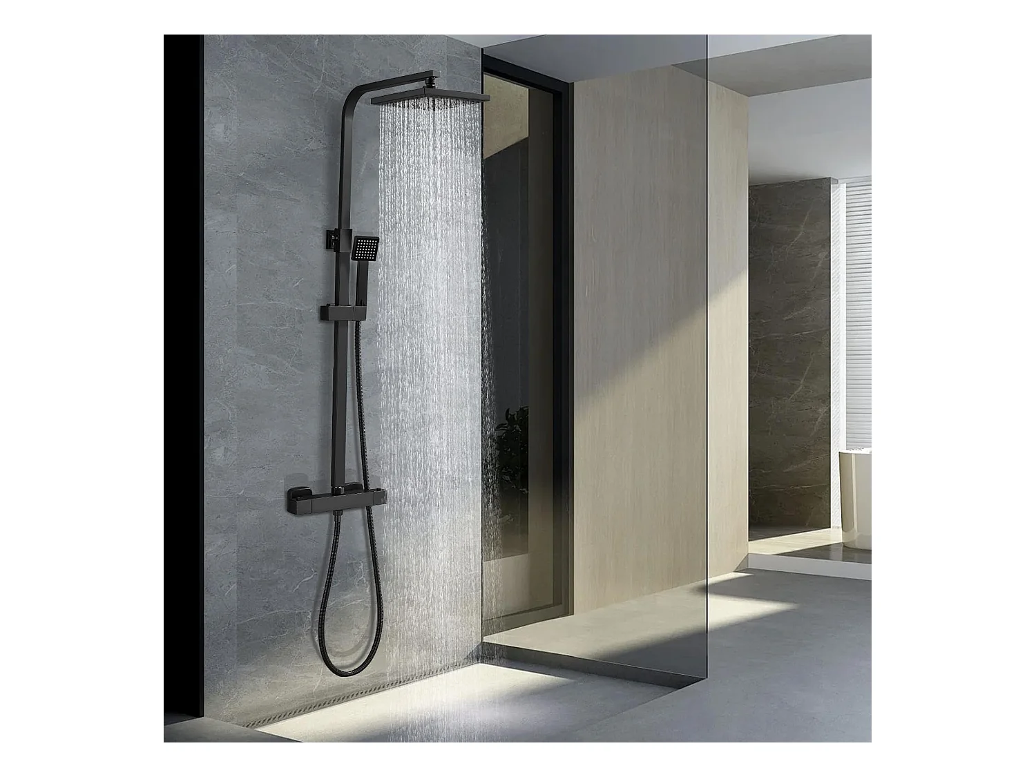 Colonne de Douche Thermostatique, Réglable en Hauteur, Noir