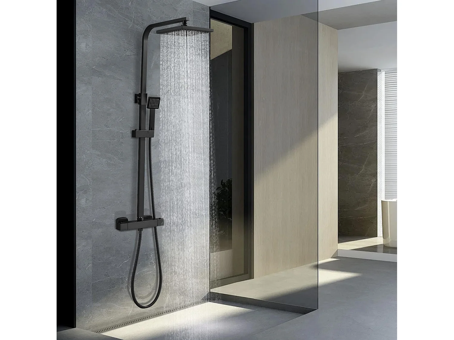 Colonne de Douche Thermostatique, Réglable en Hauteur, Noir