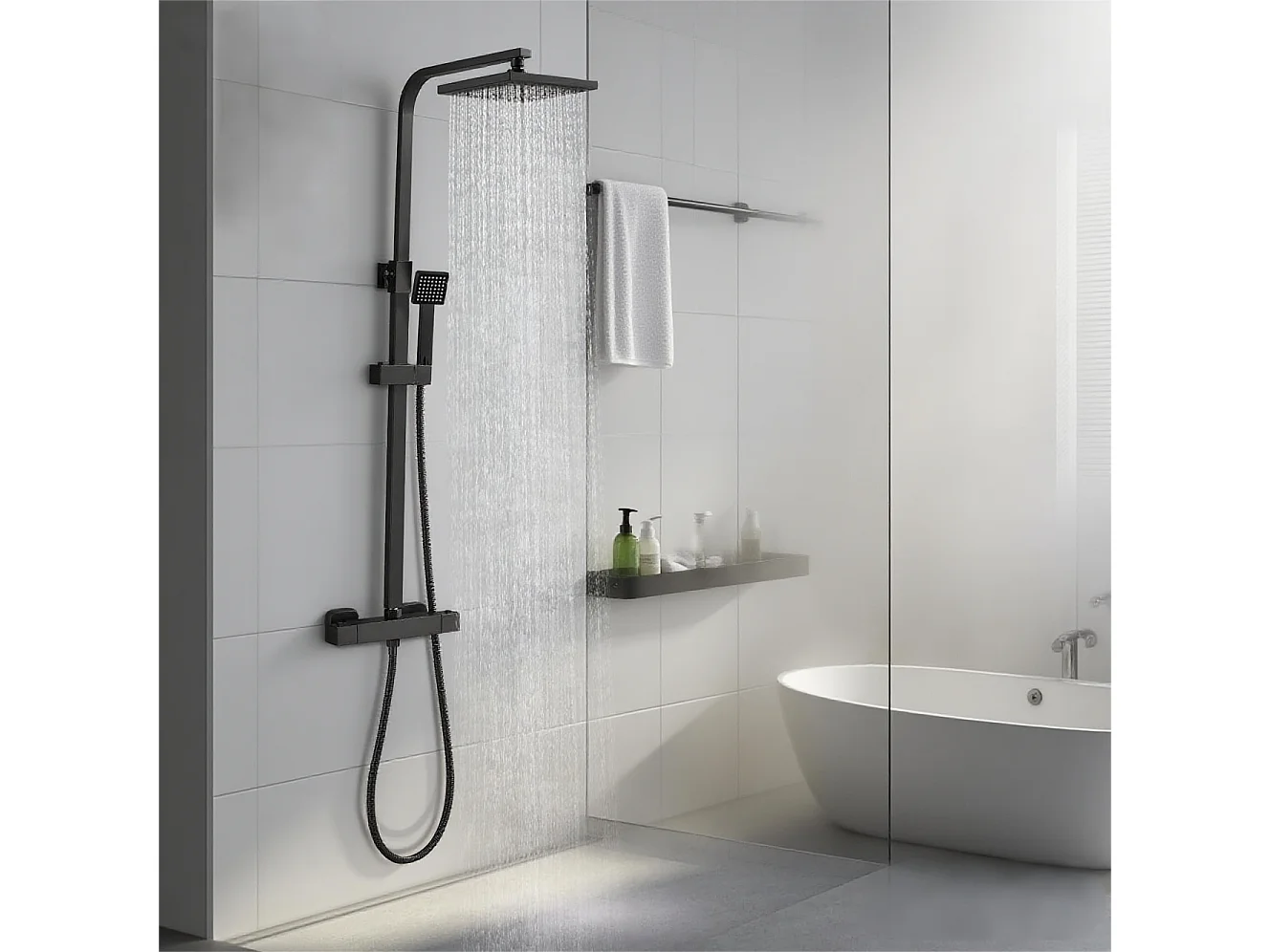 Colonne de Douche Thermostatique, Réglable en Hauteur, Noir