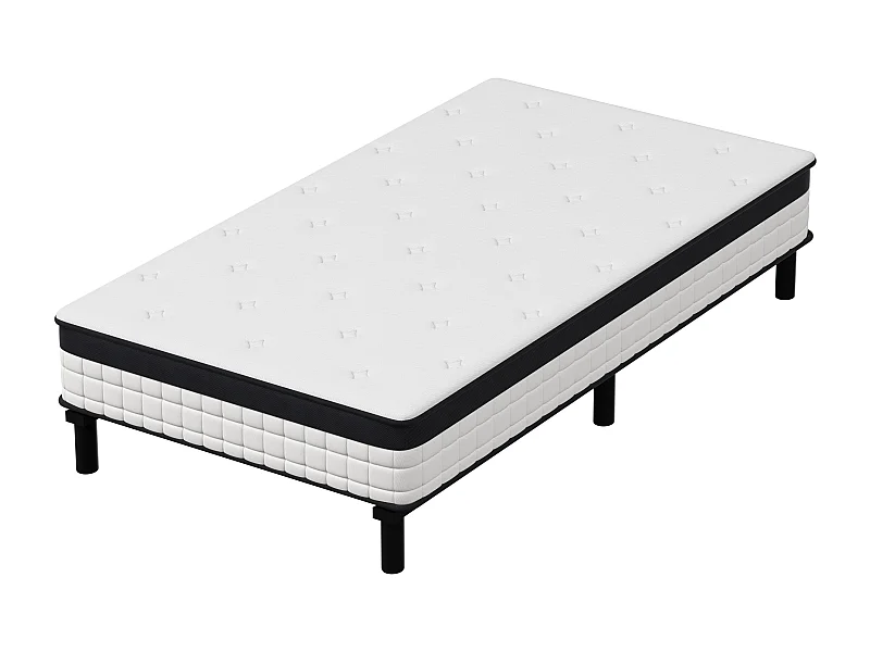 Ensemble 90x200cm matelas-châssis, matelas à ressorts ensachés et haute résilience + cadre de lit en fer robuste, comprenant 6 pieds, épaisseur 18cm