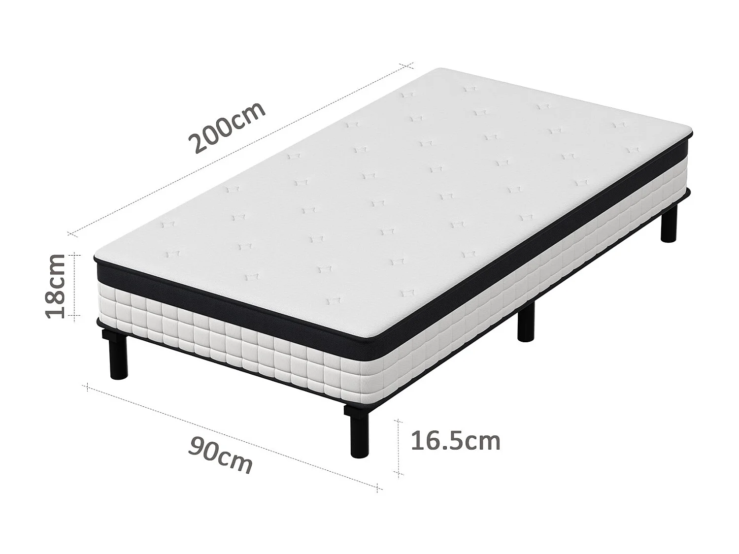 Ensemble 90x200cm matelas-châssis, matelas à ressorts ensachés et haute résilience + cadre de lit en fer robuste, comprenant 6 pieds, épaisseur 18cm