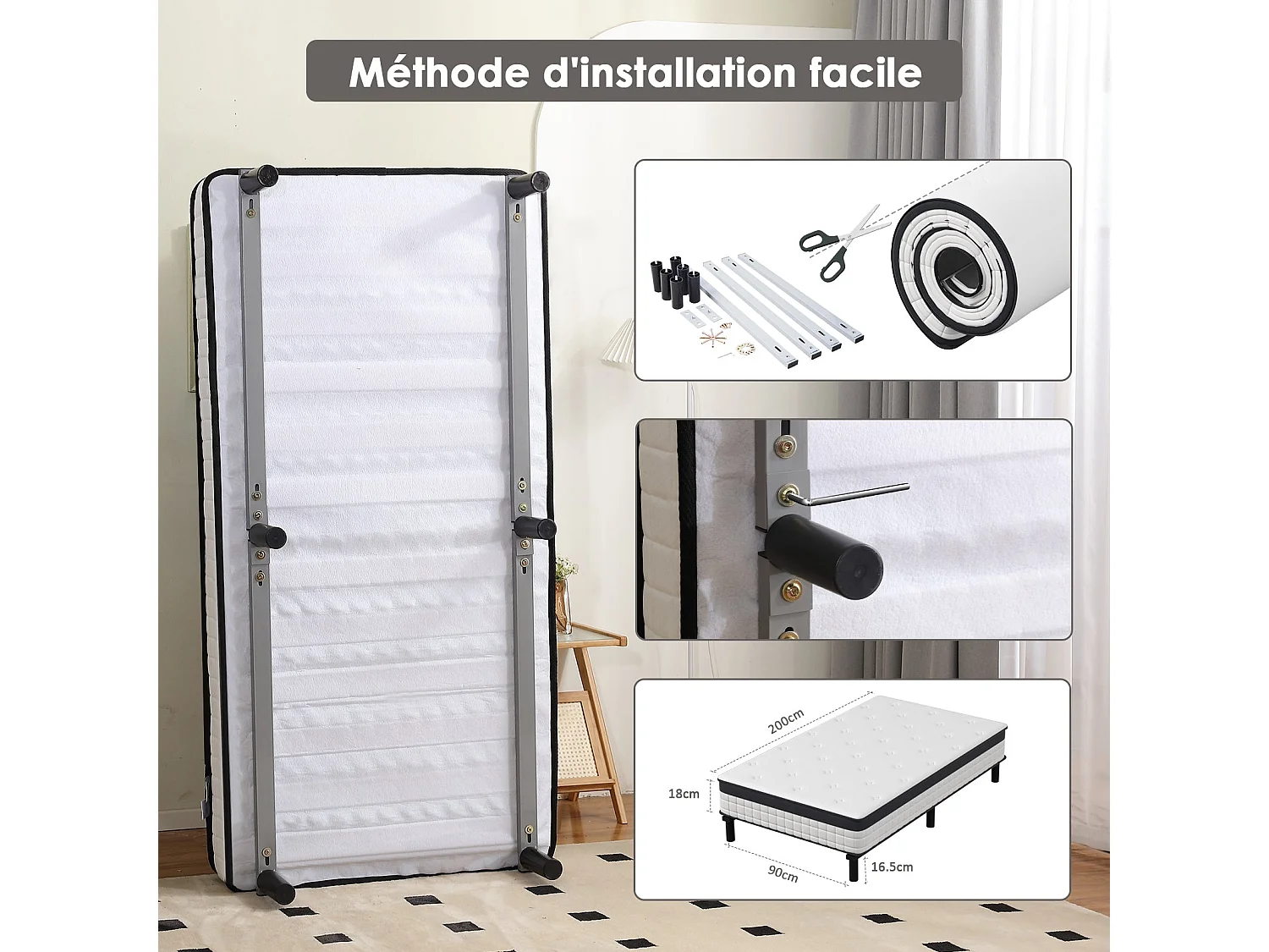 Ensemble 90x200cm matelas-châssis, matelas à ressorts ensachés et haute résilience + cadre de lit en fer robuste, comprenant 6 pieds, épaisseur 18cm