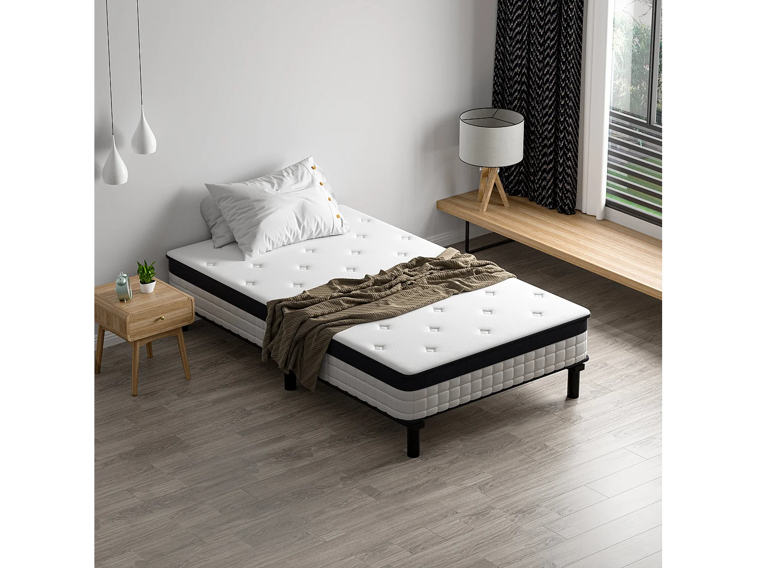 Ensemble matelas‑châssis 90x200 cm, ressorts ensachés haute résilience, cadre fer robuste, 6 pieds,