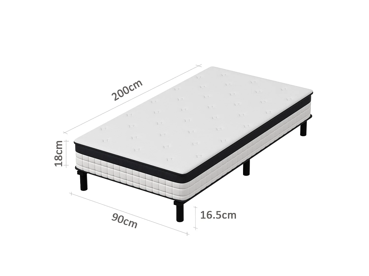 Ensemble matelas‑châssis 90x200 cm, ressorts ensachés haute résilience, cadre fer robuste, 6 pieds,