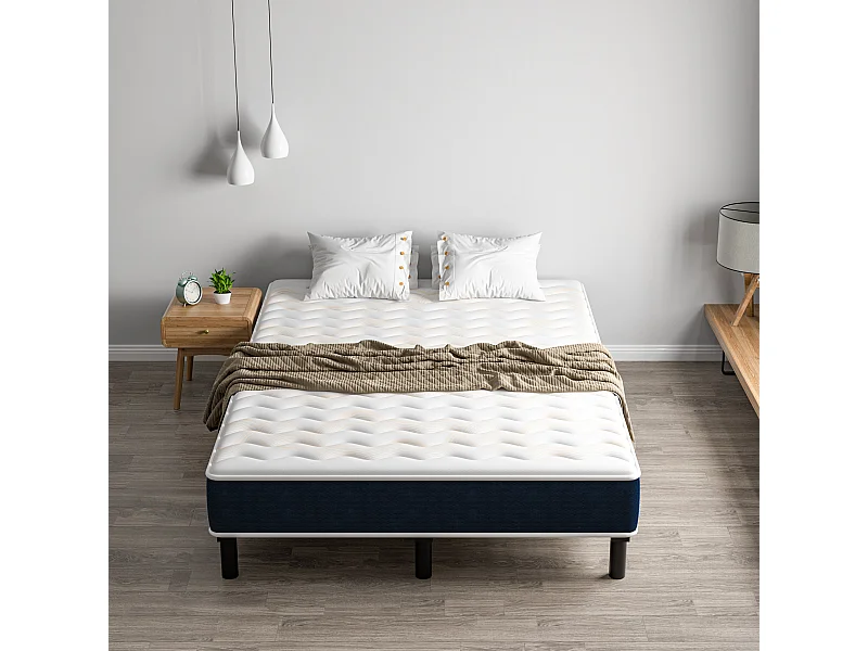 Combinaison lit 140x190 cm, matelas en mousse à mémoire de forme de 15 cm d'épaisseur + cadre de lit en fer, 9 pieds