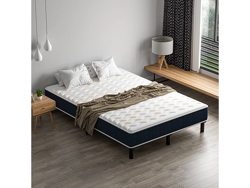 Combinaison lit 140x190 cm, matelas en mousse à mémoire de forme de 15 cm d'épaisseur + cadre de lit en fer, 9 pieds