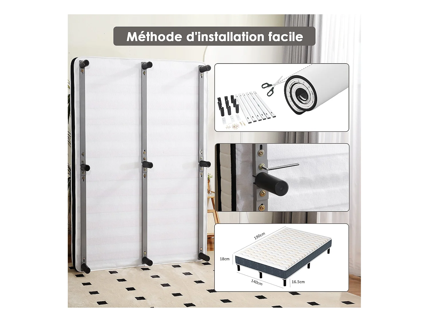 Combinatie bed 140x190 cm, traagschuimmatras van 15 cm dik + ijzeren bedframe, 9 poten