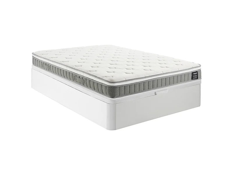 Zestaw 140 x 190 cm: stelaż ze skrzynią w kolorze białym + materac ze sprężynami kieszeniowymi i warstwą pianki z pamięcią kształtu, grubość 21 cm – VITOGO od YSMÉE