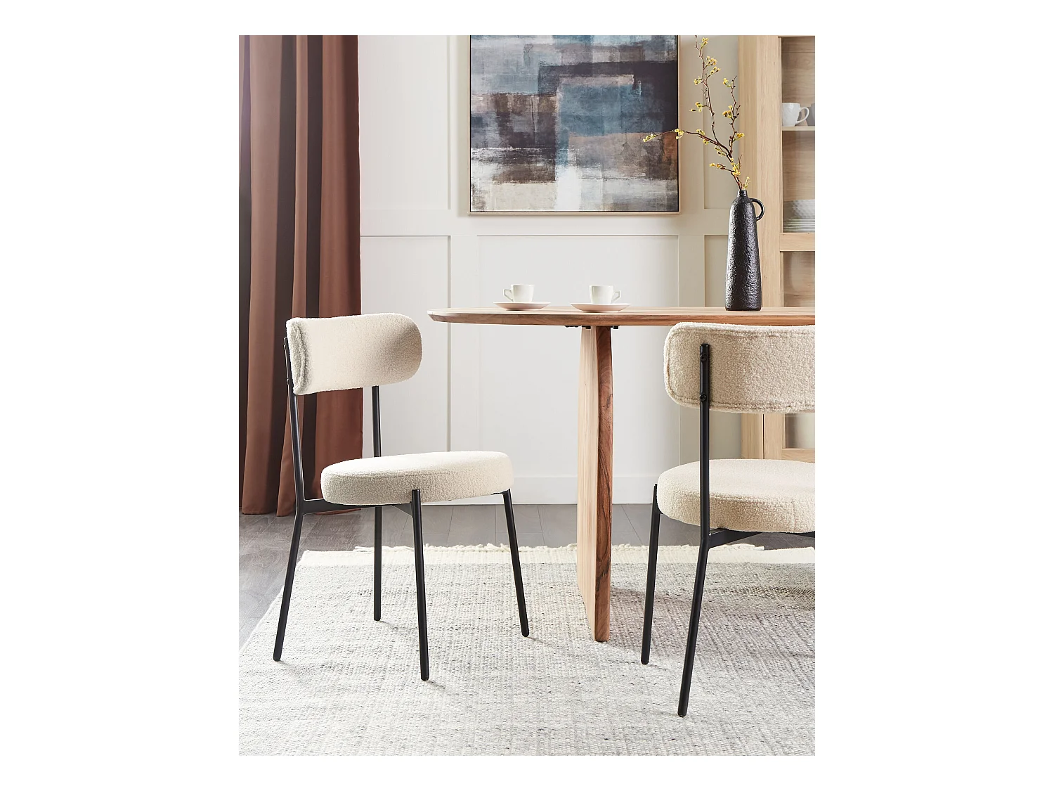 Esszimmerstuhl 2er Set Bouclé beige mit hoher Lehne Metallbeine modern Allison