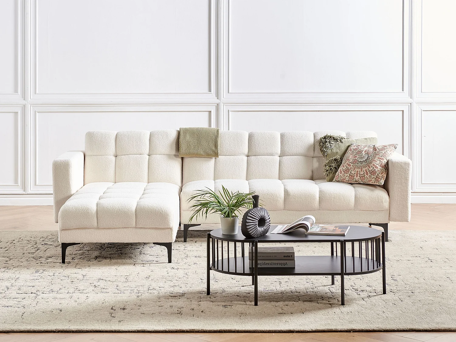 Sofá-cama de canto modular ALNES Bouclé Branco 4 lugares à direita