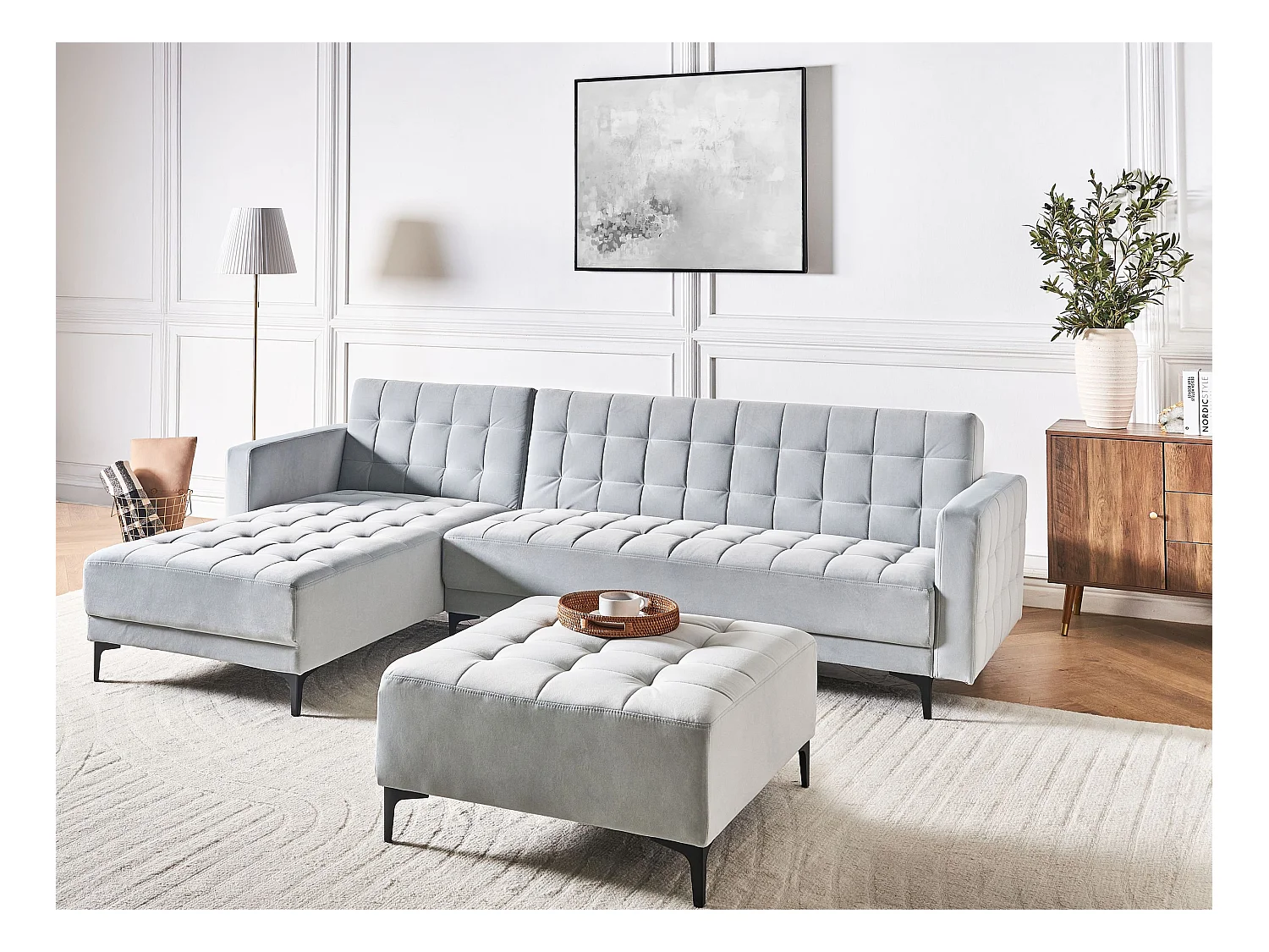 Canapé-lit d'angle modulable 4 places ABERDEEN Velours Gris clair Côté droit