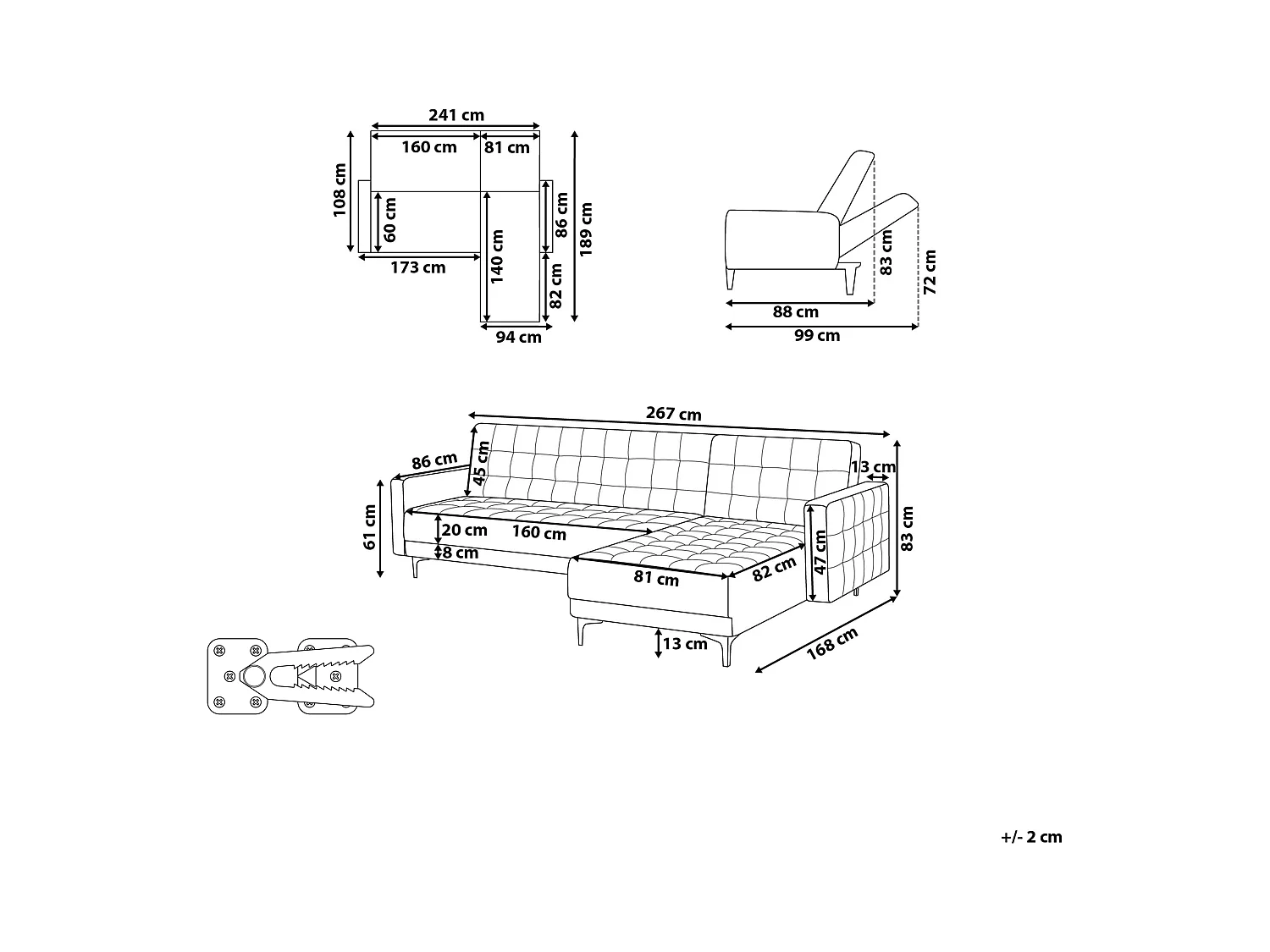 Canapé-lit d'angle modulable 4 places ABERDEEN Velours Gris clair Côté droit