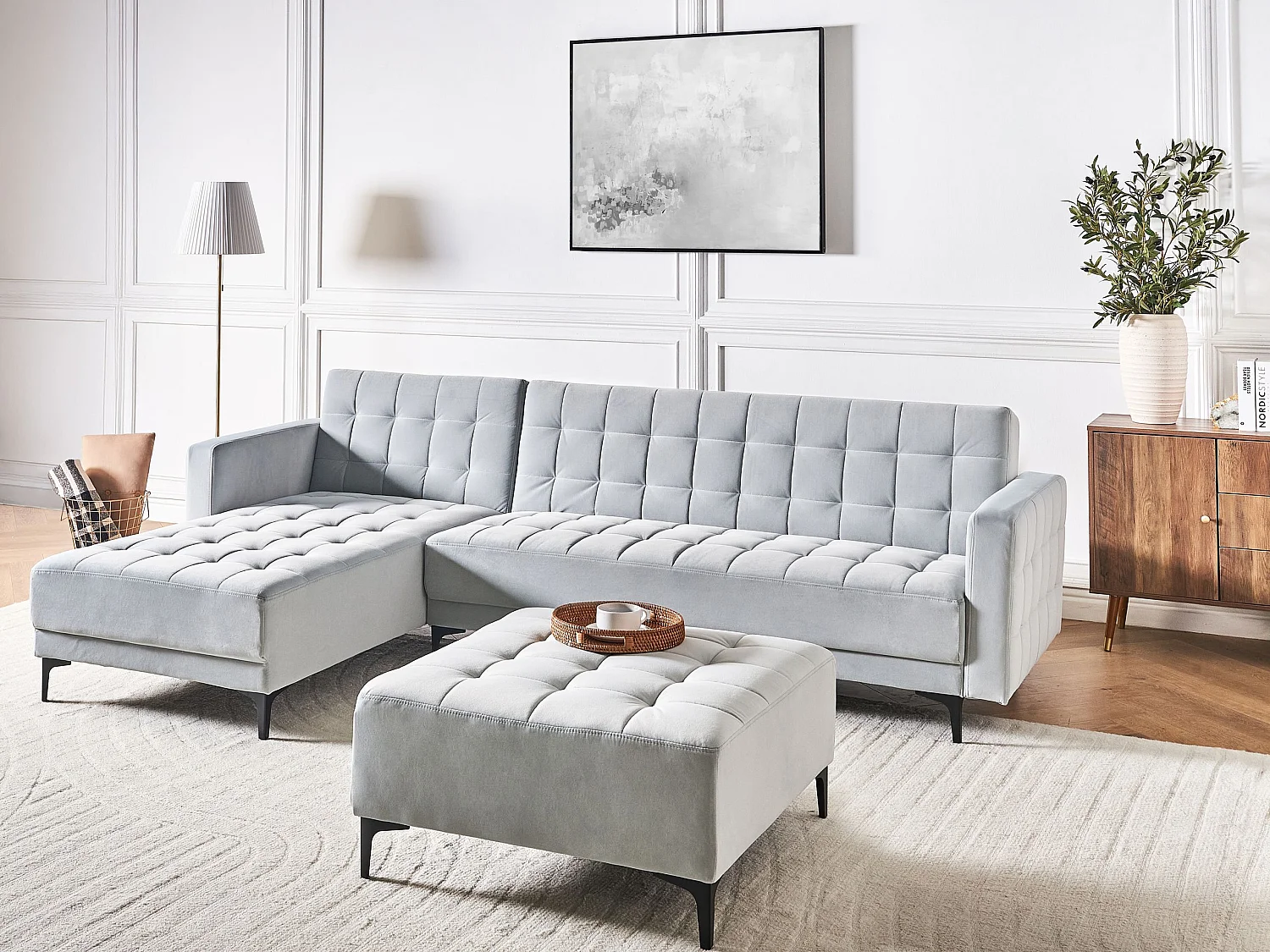 Canapé-lit d'angle modulable 4 places ABERDEEN Velours Gris clair Côté droit