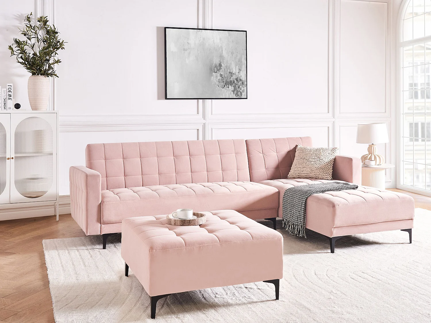 Canapé-lit d'angle modulable 4 places ABERDEEN Velours Rose pastel Côté droite