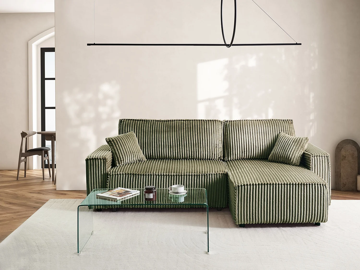 Canapé-lit d\'angle 3 places ABACKA Velours côtelé Vert avec rangement Côté droite