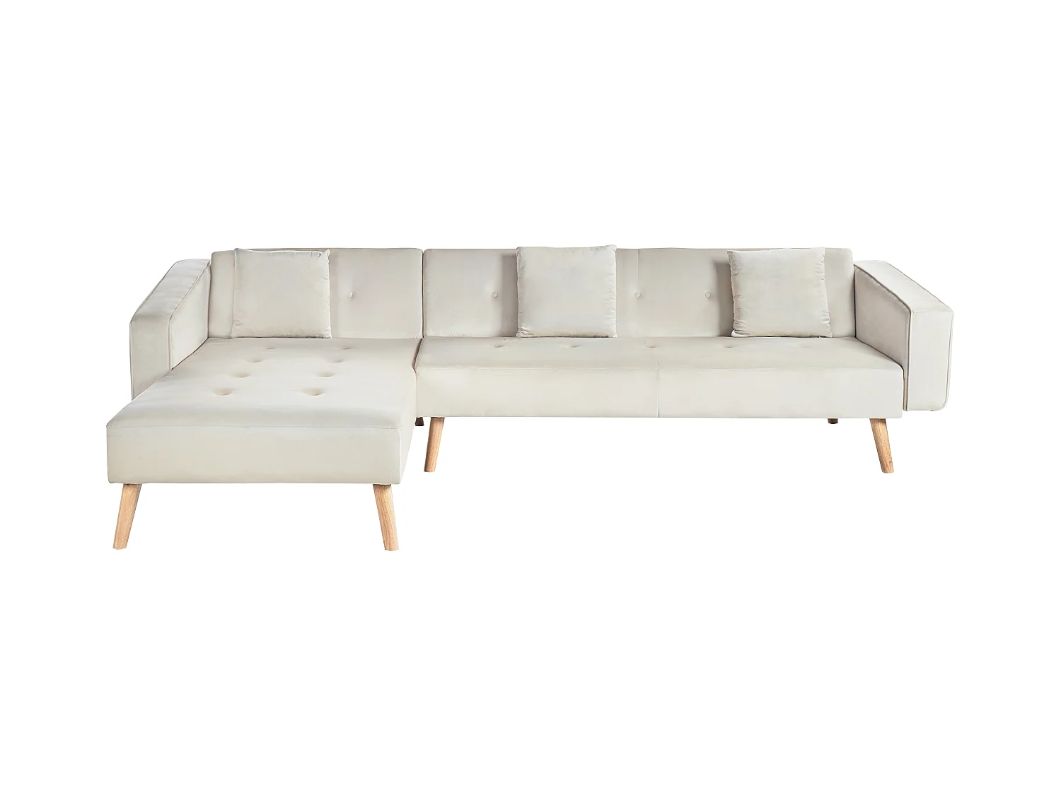 Canapé d'Angle à gauche en Velours Capitonné Fonction Couchage Beige Clair Vadso