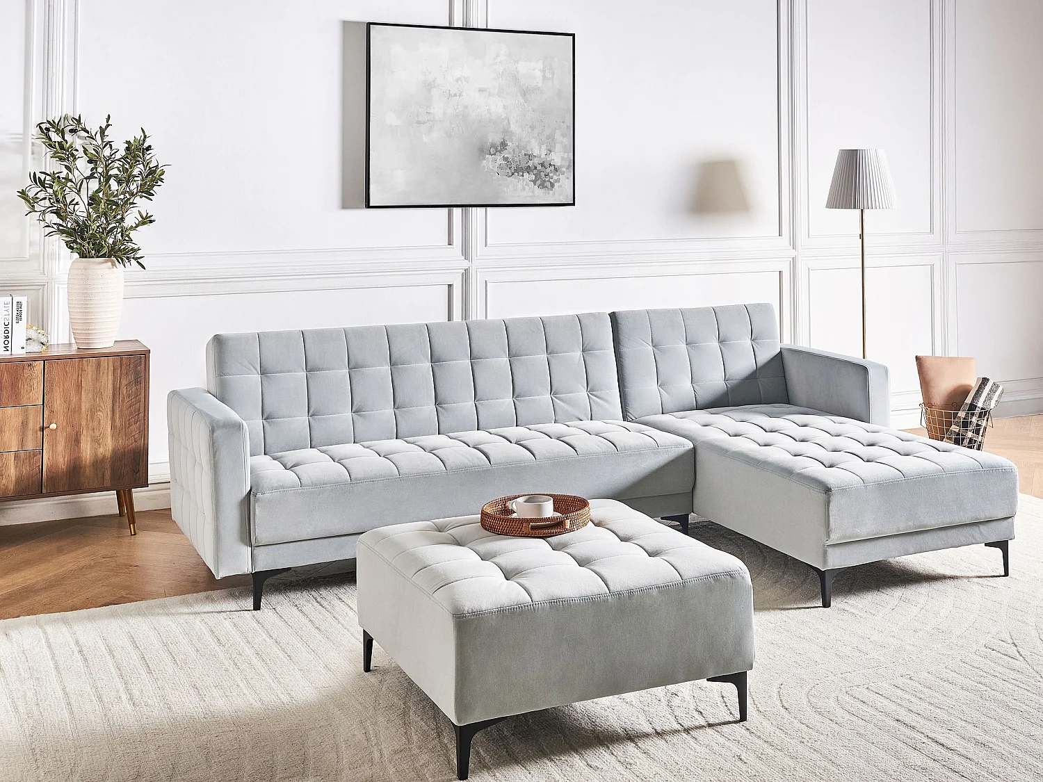 Canapé-lit d'angle modulable 4 places ABERDEEN Velours Gris clair Côté droite