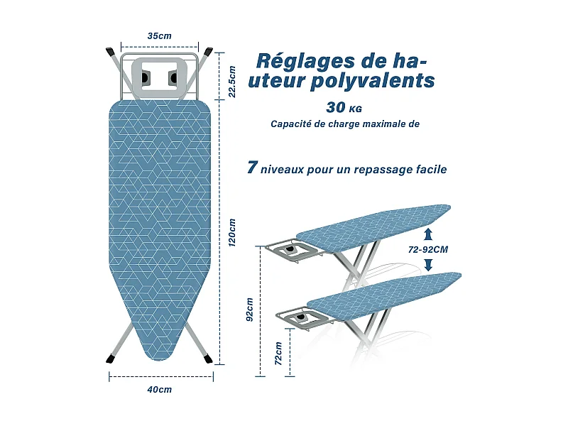 Table à repasser 120 x 45 cm, pliable, système anti-pincement, réglable en hauteur, avec housse 100 % coton, reposefer intégré, pieds antidérapants (Geometric Blue)