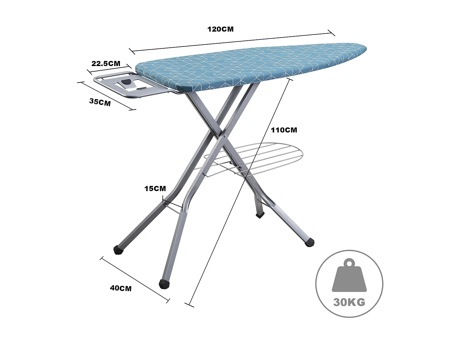 STANEW Table à Repasser 120 x 45 cm,Système Anti-Fermeture,Hauteur Réglable,avec Housse en 100% Coton,Support de Fer Intégré(Bleu géométrique)