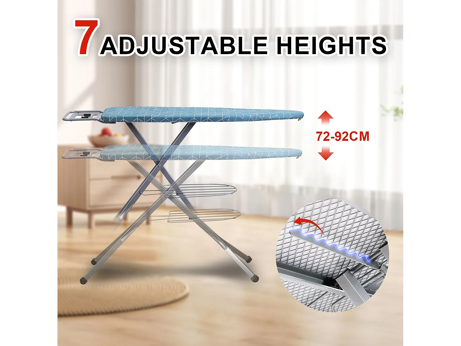 STANEW Table à Repasser 120 x 45 cm,Système Anti-Fermeture,Hauteur Réglable,avec Housse en 100% Coton,Support de Fer Intégré(Bleu géométrique)