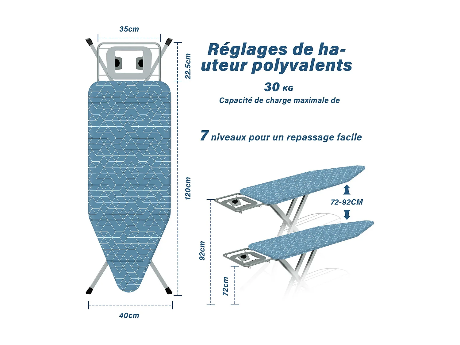 Table à repasser 120 x 45 cm, pliable, système anti-pincement, réglable en hauteur, avec housse 100 % coton, reposefer intégré, pieds antidérapants (Geometric Blue)