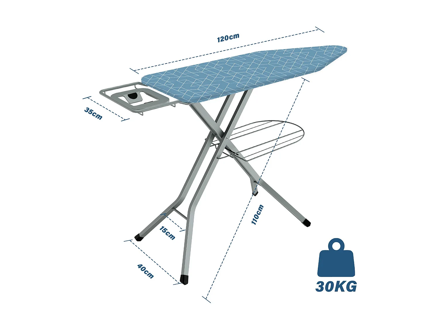 Table à repasser 120 x 45 cm, pliable, système anti-pincement, réglable en hauteur, avec housse 100 % coton, reposefer intégré, pieds antidérapants (Geometric Blue)