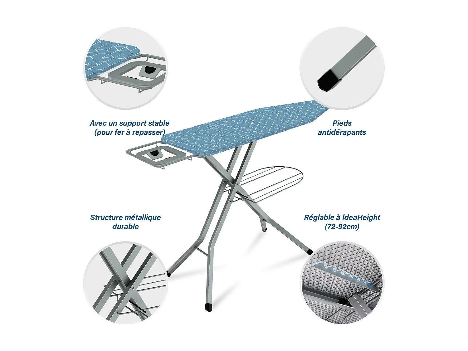Table à repasser 120 x 45 cm, pliable, système anti-pincement, réglable en hauteur, avec housse 100 % coton, reposefer intégré, pieds antidérapants (Geometric Blue)