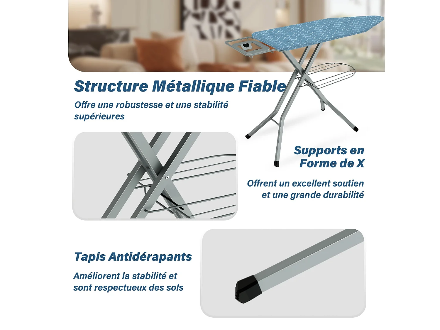 Table à repasser 120 x 45 cm, pliable, système anti-pincement, réglable en hauteur, avec housse 100 % coton, reposefer intégré, pieds antidérapants (Geometric Blue)
