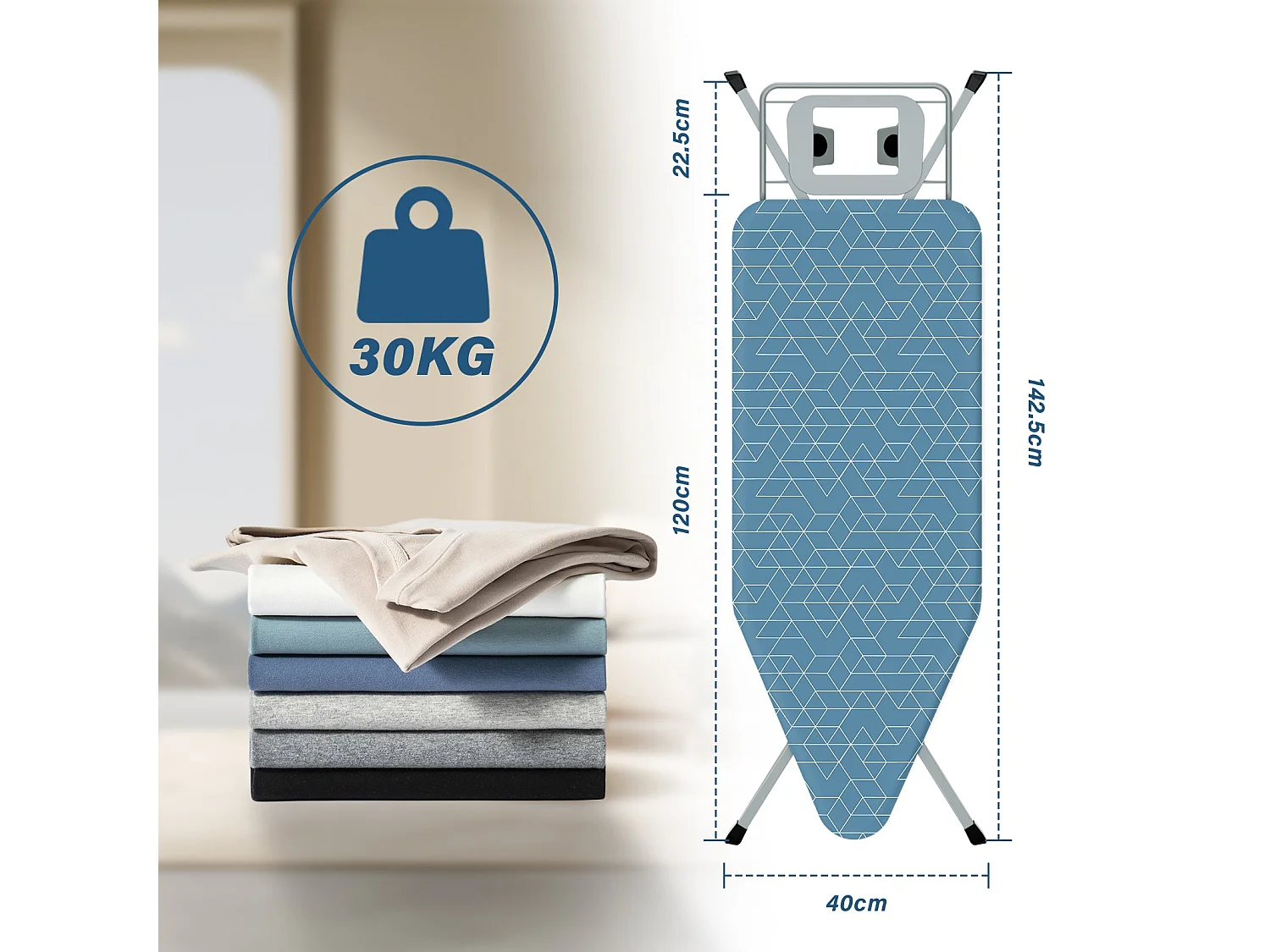 Table à repasser 120 x 45 cm, pliable, système anti-pincement, réglable en hauteur, avec housse 100 % coton, reposefer intégré, pieds antidérapants (Geometric Blue)