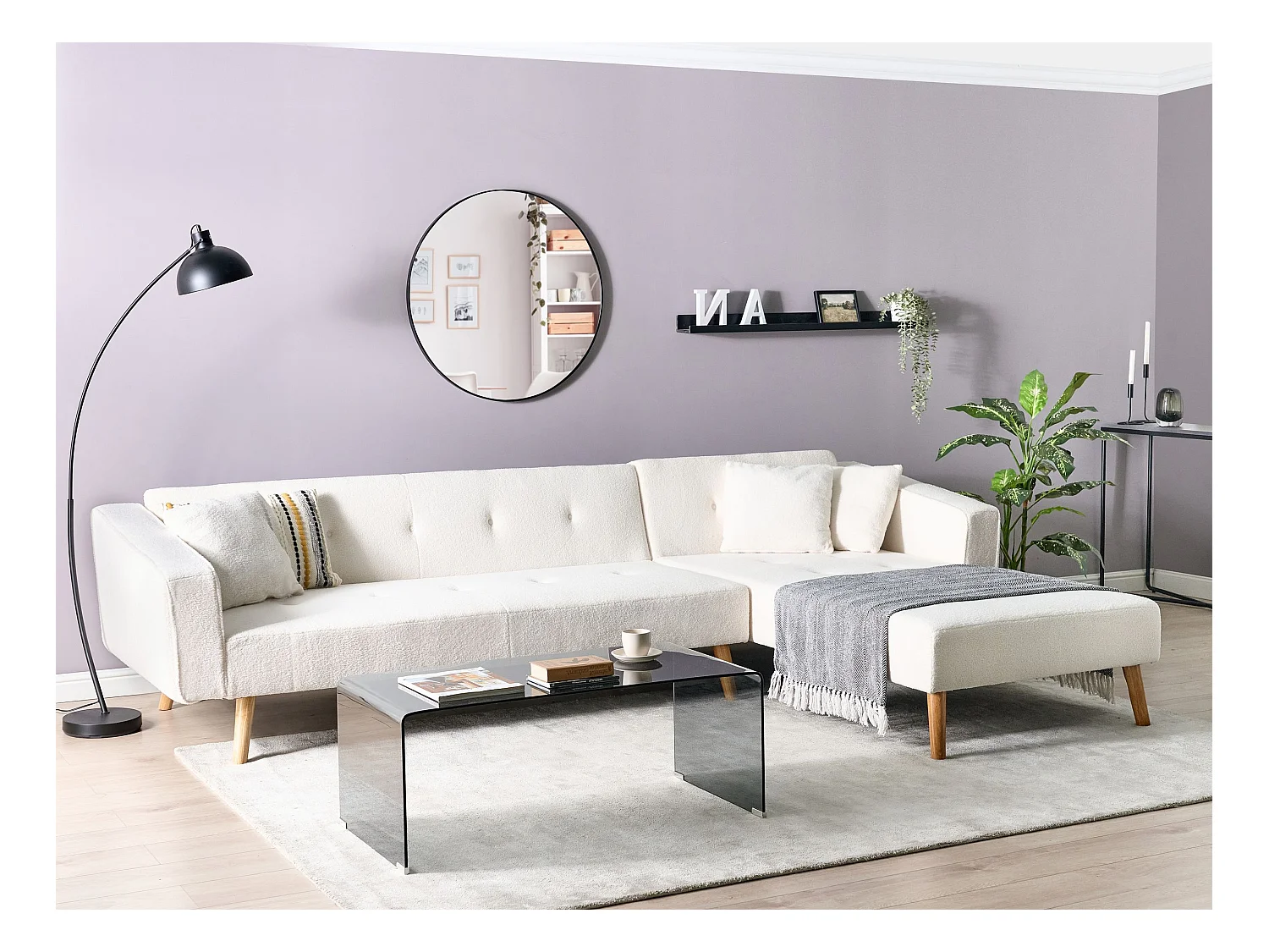 Canapé-lit d'Angle à droite en Bouclé Capitonné Blanc Cassé Vadso