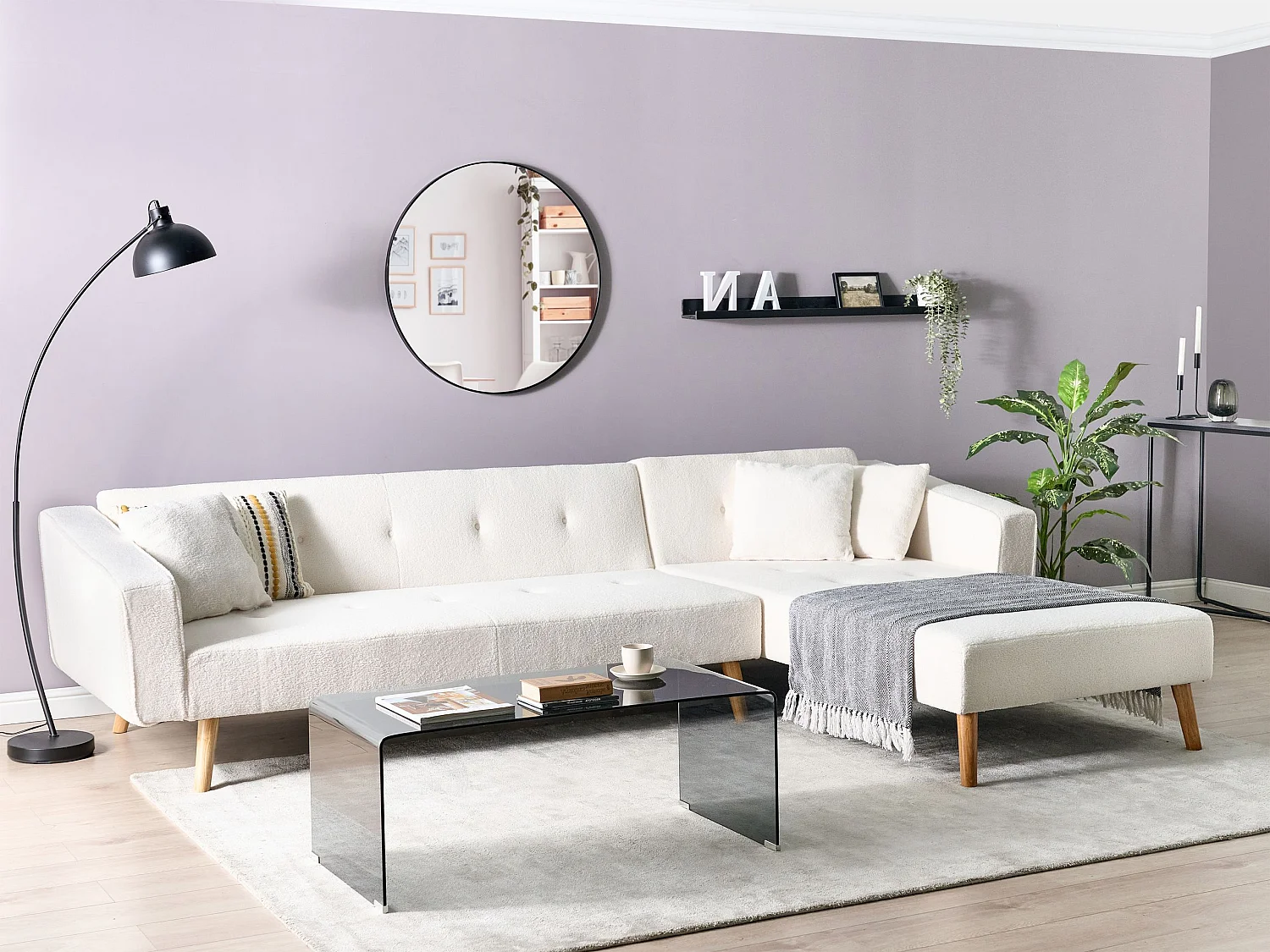 Canapé-lit d'Angle à Gauche en Bouclé Capitonné Blanc Cassé Vadso