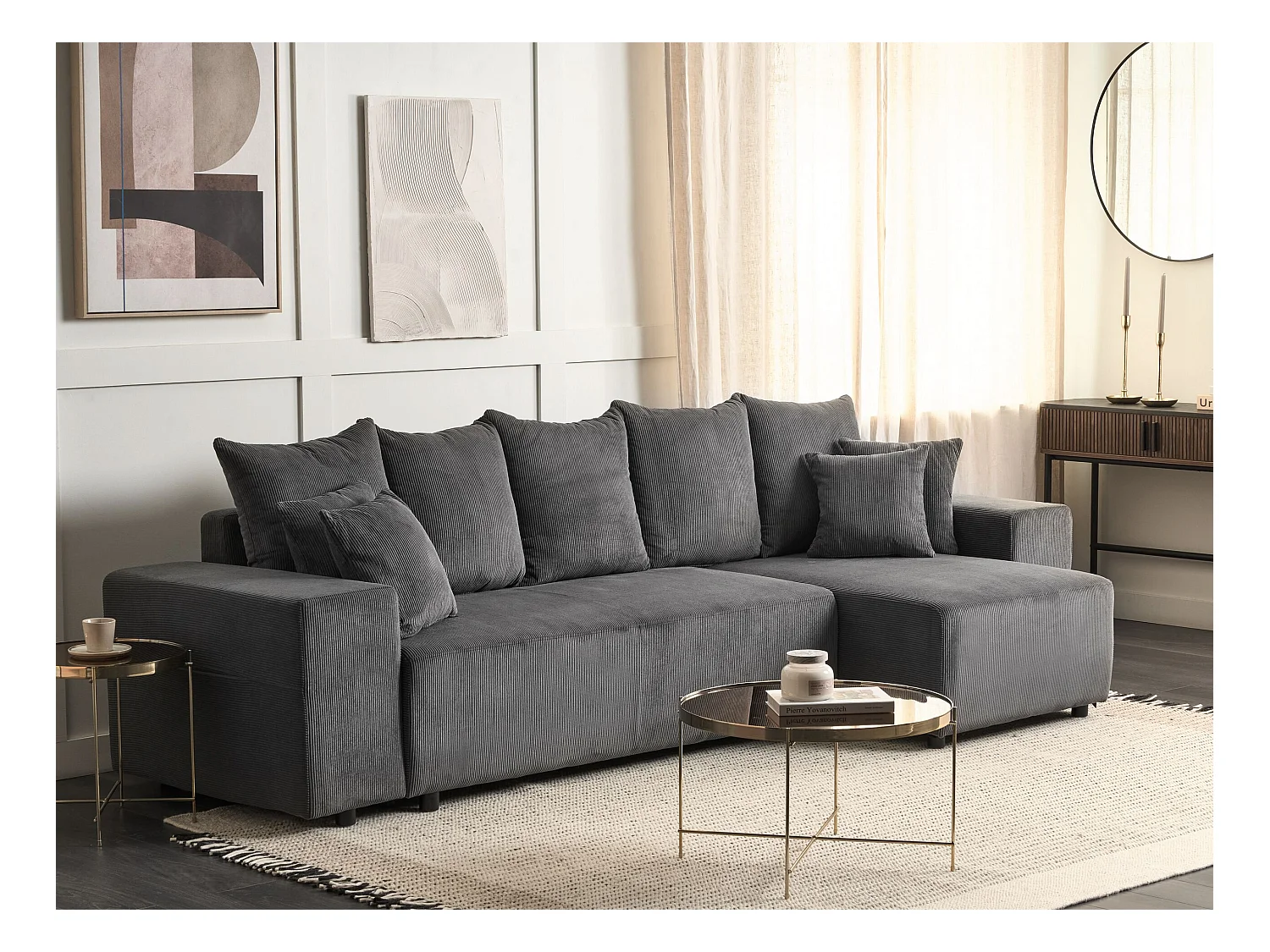 Eckschlafsofa LUSPA Cord Dunkelgrau mit Stauraum 3-Sitzer linksseitig