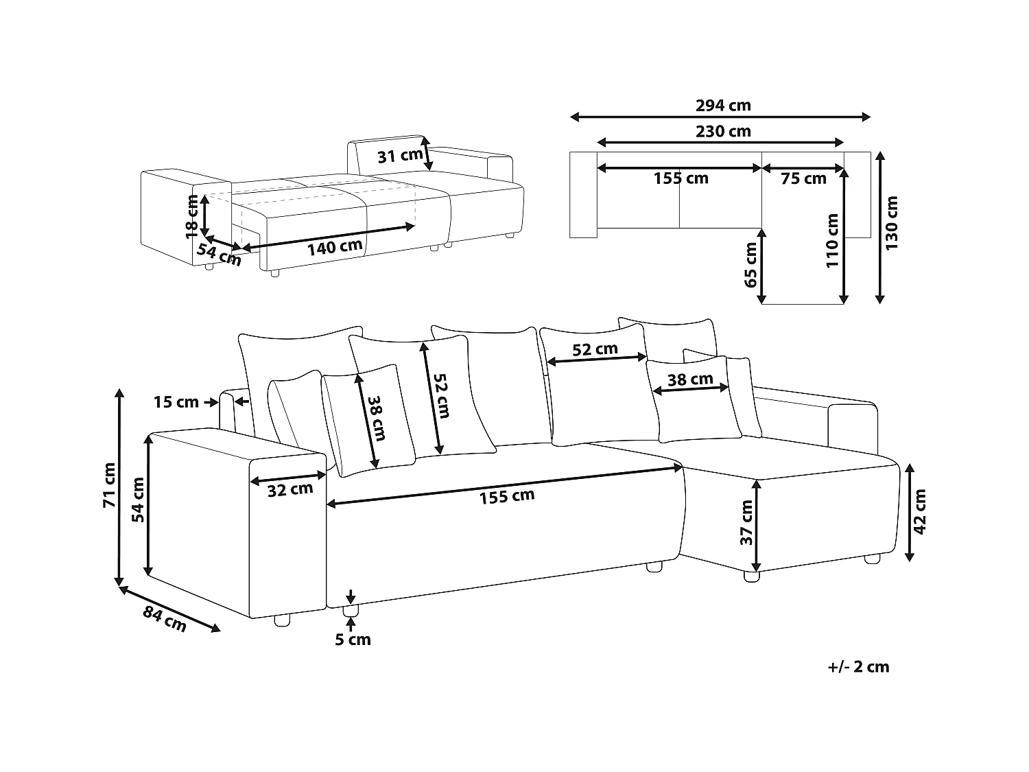 Eckschlafsofa LUSPA Cord Dunkelgrau mit Stauraum 3-Sitzer linksseitig