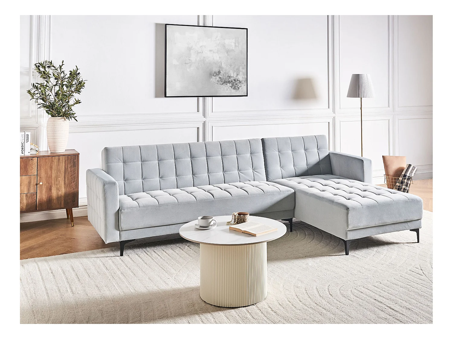 Canapé-lit d'angle modulable 4 places ABERDEEN Velours Gris clair Côté droite