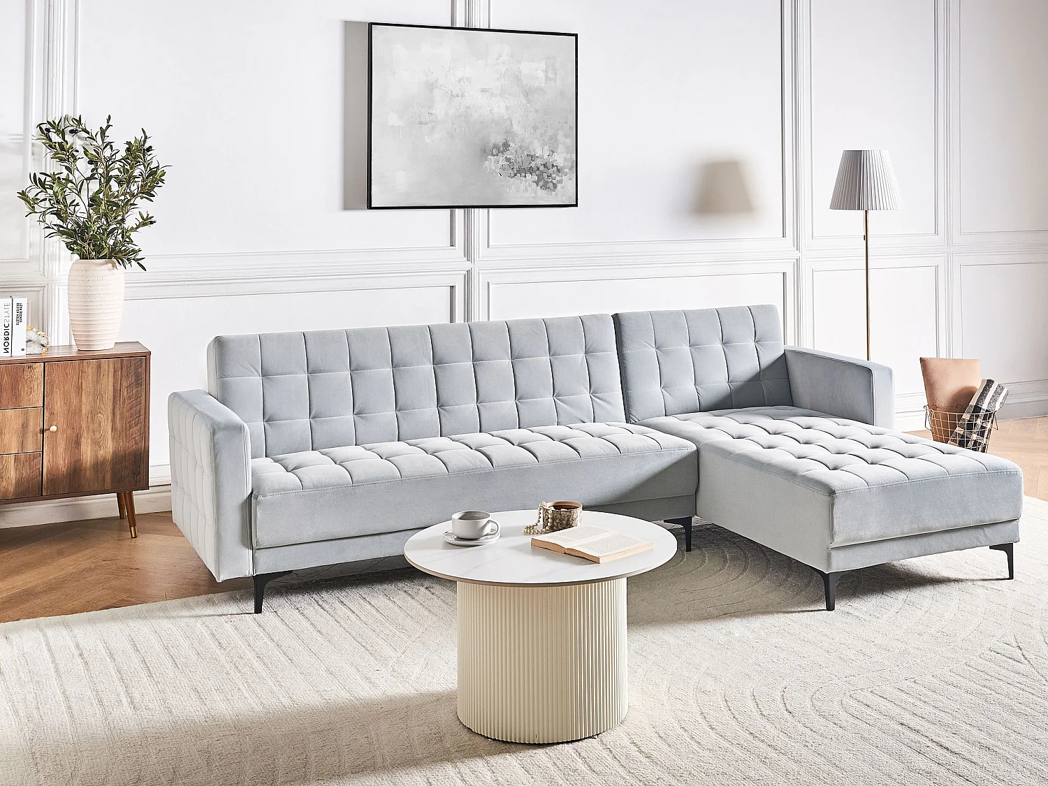 Divano letto angolare modulare ABERDEEN Velluto Grigio chiaro 4 posti Lato Sinistro