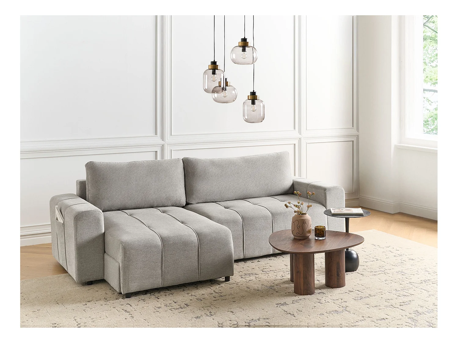 Canapé-lit d'angle 3 places INNVIK Tissu Gris clair avec rangement Côté droit