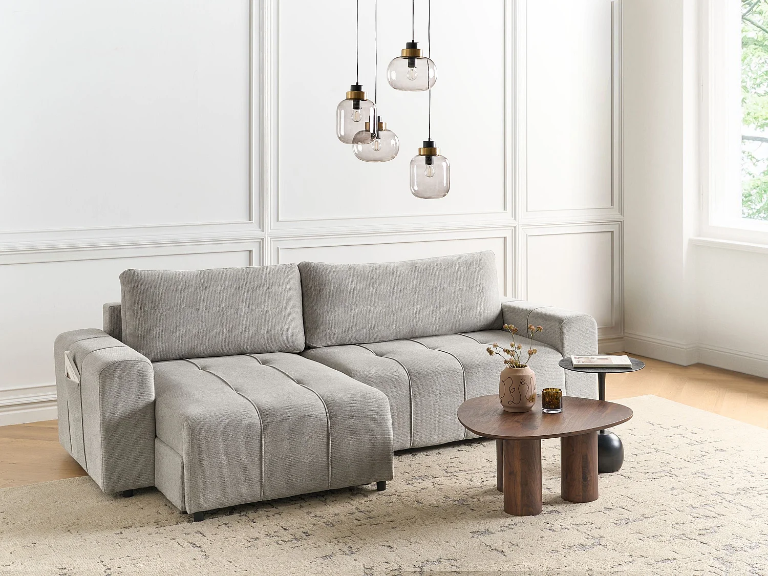 Canapé-lit d'angle 3 places INNVIK Tissu Gris clair avec rangement Côté droit