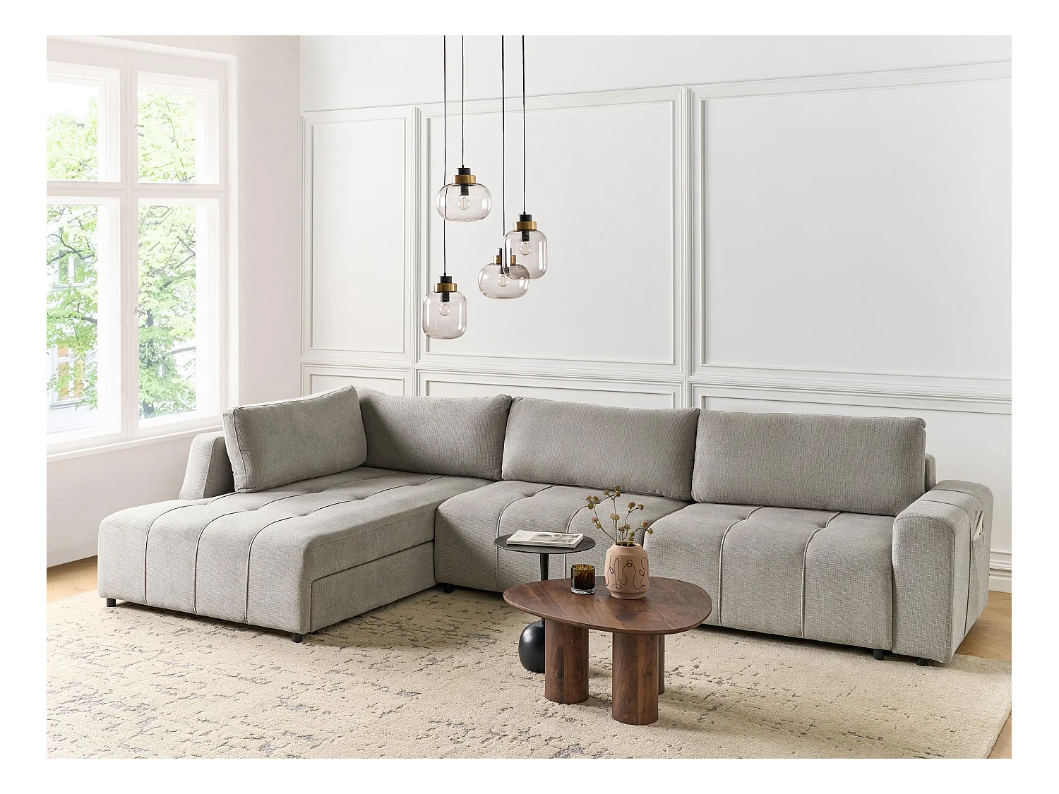 Canapé-lit d'angle 4 places INNVIK Tissu Gris clair avec rangement Côté droit