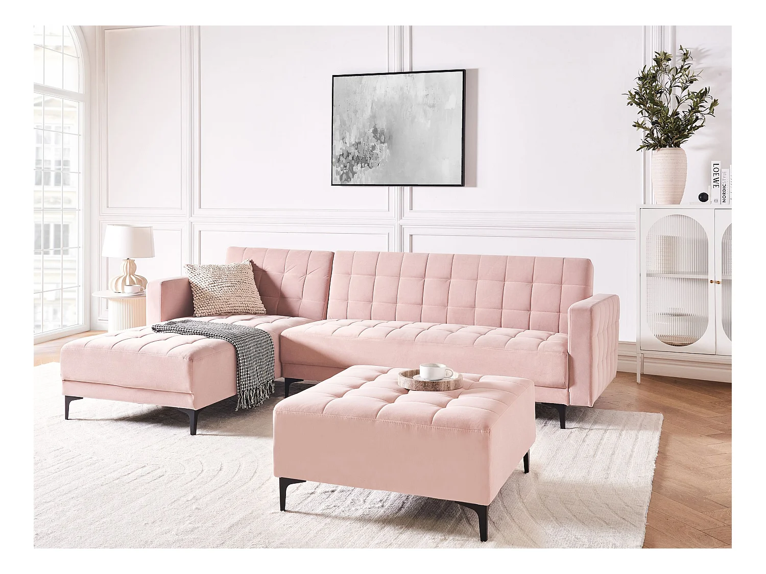 Canapé-lit d'angle modulable 4 places ABERDEEN Velours Rose pastel Côté droit