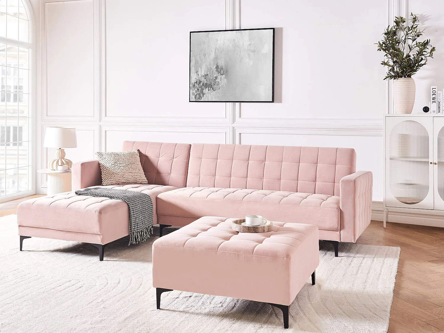 Canapé-lit d'angle modulable 4 places ABERDEEN Velours Rose pastel Côté droit