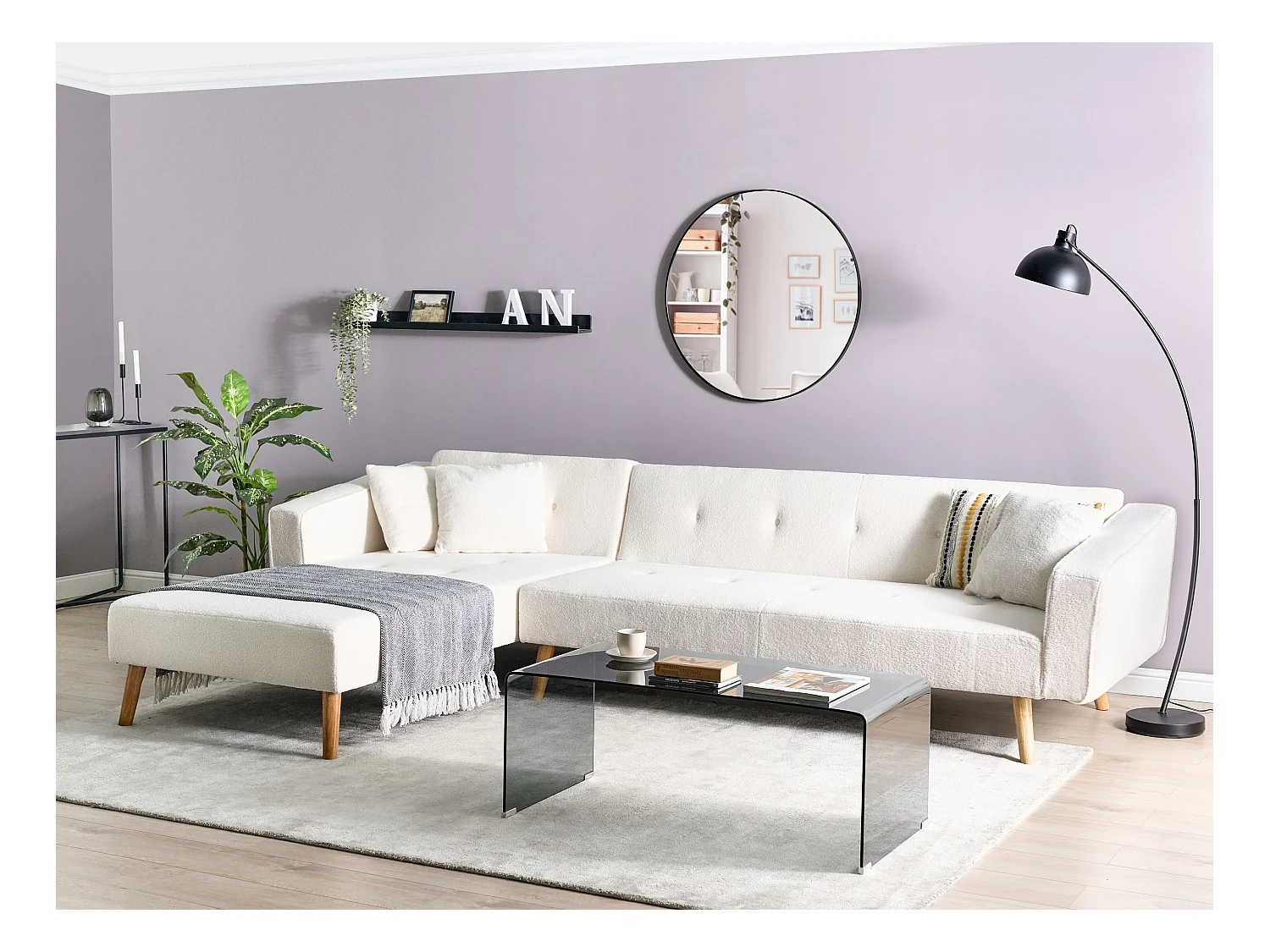 Canapé-lit d'Angle à gauche en Bouclé Capitonné Blanc Cassé Vadso