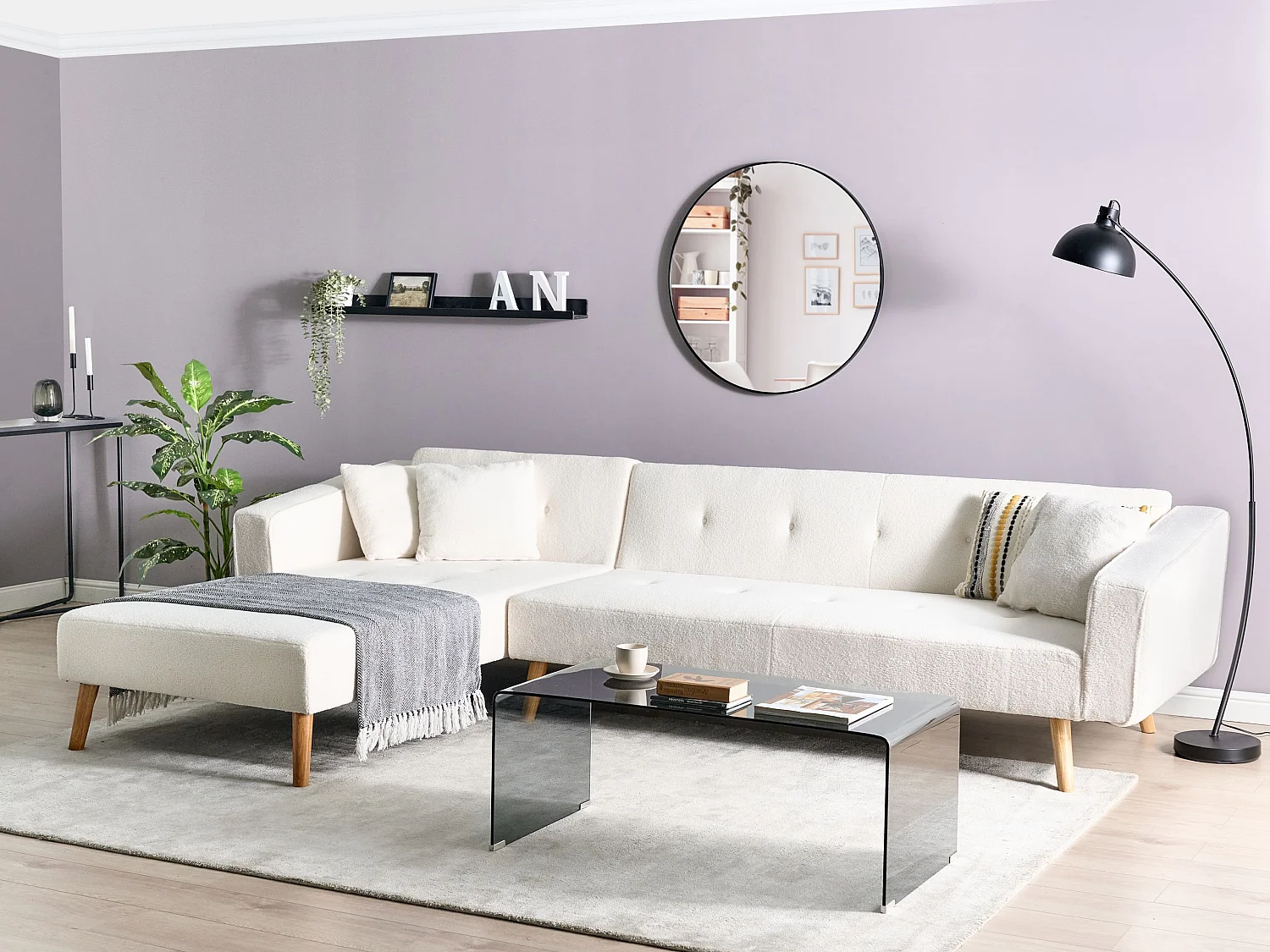 Canapé-lit d'Angle à gauche en Bouclé Capitonné Blanc Cassé Vadso